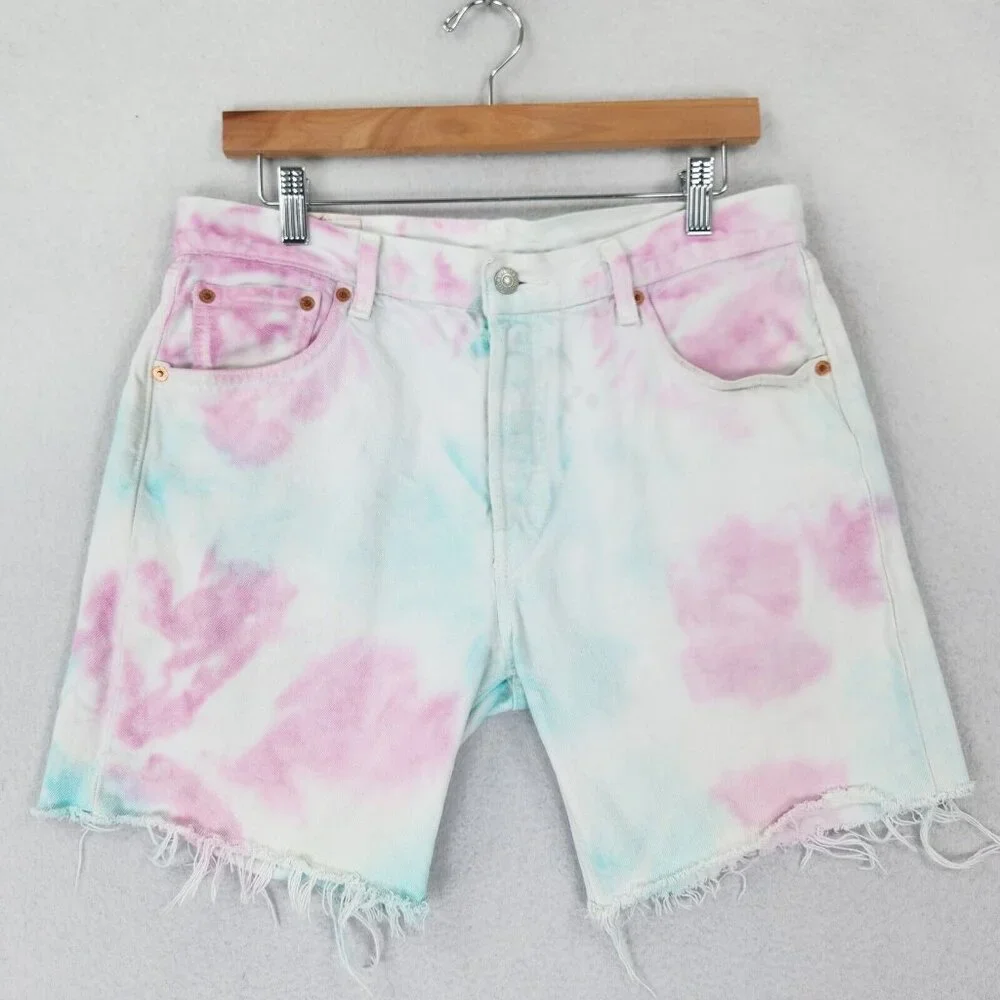 Levis Shorts Mens 30 White Pink Tie Dye 501 '93 Pride Button Fly Denim Cut Off
